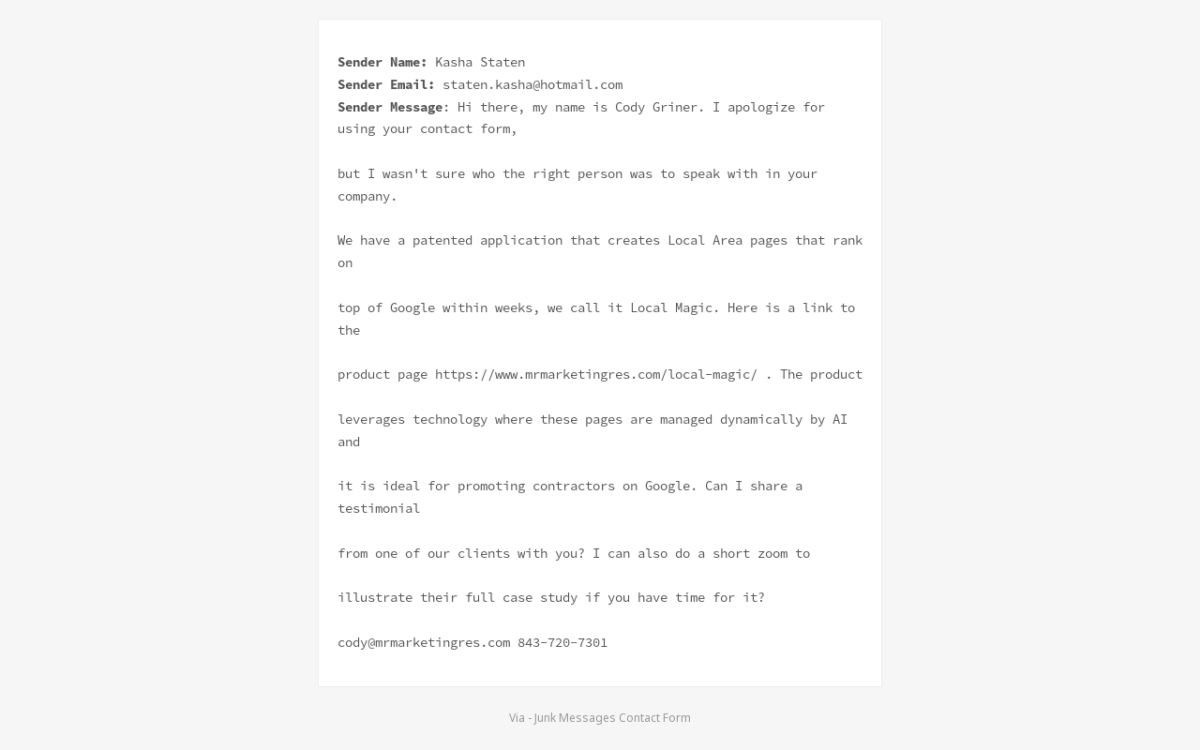 Unveiling Spam Tactics: Analyzing Kasha Staten’s Unsolicited Email Pitch for “Local Magic” and Its SEO Promises